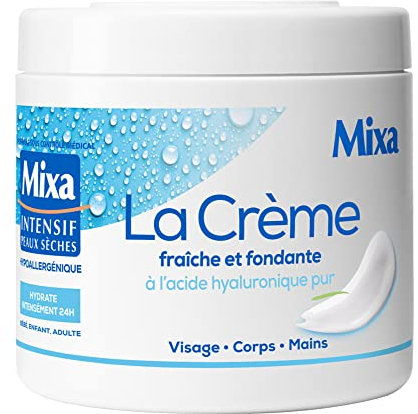 Mixa Intensif Peaux Sèches - La Crème Fraîche et Fondante à l’Acide Hyaluronique Pur - Multi Usages Visage, Corps, Mains, Pieds - Hydratation 24h - Pénétration rapide - Hypoallergénique - 400ml