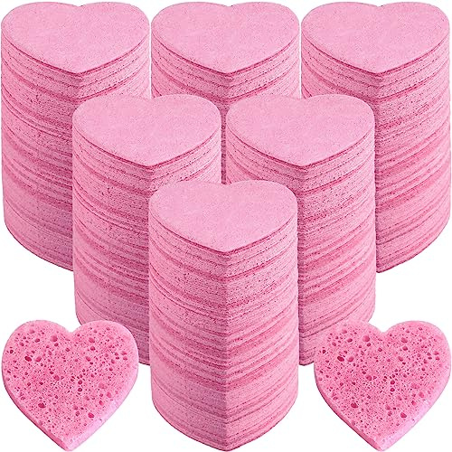Dandat 300 Count Compressed Facial Sponges Heart Shape Face Sponges for Cleansing Natural Facial Exfoliating Pads for Estheticians(Pink)