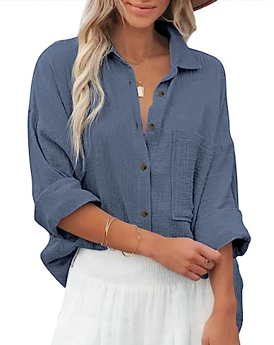 Zitiki Bluse Damen Baumwolle Lässiges Hemd V-Ausschnitt Langarm Elegant Oberteile Lose Shirts mit Brusttaschen