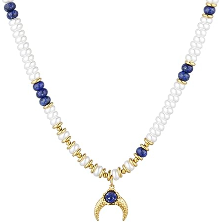 TEZCRT Perlenkette Halskette, 18K Vergolder Perlen Choker, Büroklammer Mond Kette, Perle und Lapislazuli Kette, Wasserfeste Perlenkette für Frauen, 39-45 cm Länge verstellbar