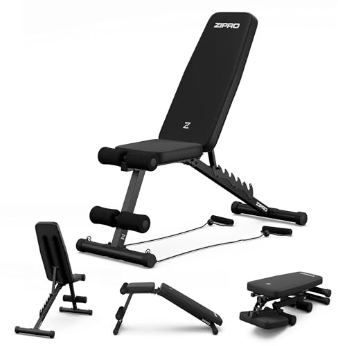ZIPRO Tempo klappbare Hantelbank mit Expander-Seilen – Verstellbare Fitnessbank mit 6-fach Rückenlehne, Dreiecks-Stahlrahmen, Belastbar bis 230 kg, Trainingsbank für Sit-Ups, Krafttraining & Home-Gym
