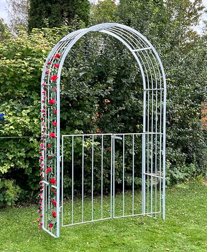 DanDiBo Rosenbogen Verzinkt Massiv mit Tor Tür 140 cm Torbogen 96517 Wetterfest Rundbogen Volleisen Rankhilfe Gartenbogen Feuerverzinkt