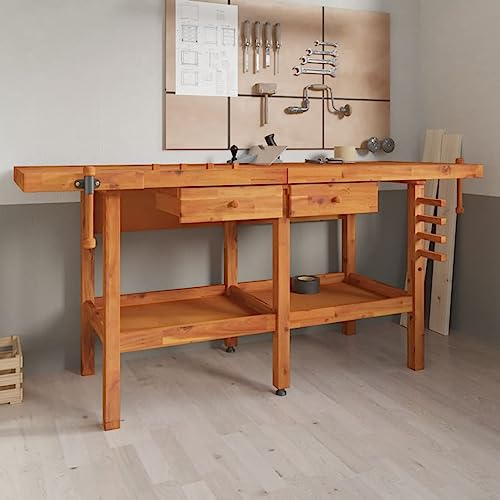 Werkbank mit Schubladen Schraubstöcken 192x62x83 cm Akazienholz, JUNZAI Werkstatteinrichtung, Werkbank Werkstatt, Werkzeugschrank, Werktisch, Werkzeugtisch, Werkbänke Für Heimwerker 153325