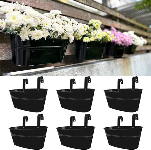 Maxona Hängende Blumentöpfe aus Metall, Eisen, 24 cm, oval, schwarz, Geländer, Zaun, Hängetöpfe, Landhausstil, Fenster, Blumenpflanzenhalter mit abnehmbaren Haken, Heimdekoration, 6 Stück