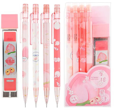 TIESOME Söt mekanisk pennuppsättning inkluderar 4 st 0,5 mm Kawaii mekaniska och 100 st ersättningspennor, Kawaii stationära söta skolmaterial pennor för att skriva rita skissning ritning