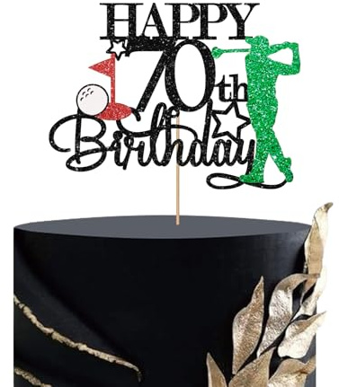 Golf Happy 70th Birthday Cake Topper, Sport Theme 70th Birthday Cake Decor for Men, Golf Enthusiast 70th Party Decoration, Men's 70th Birthday Party Supplies - Black Glitter