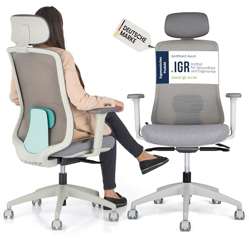 SCHEKKA ErgoPrime PRO Bürostuhl ergonomisch TESTSIEGER - IGR Zertifiziert - Schreibtischstuhl 100% individuell einstellbar - Home Office Chair Drehstuhl - Bürostuhl 150 kg Grau Mint