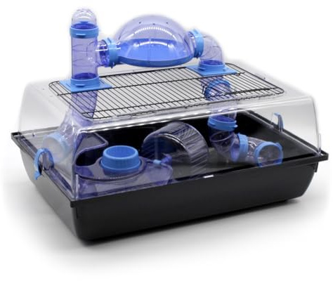 ZooPaul Nagerkäfig Hamsterkäfig Mäusekäfig mit Zubehör für Nager Maus Hamster, Blau, 58x38x26cm, mit Tunnelsystem, Laufrad und UFO