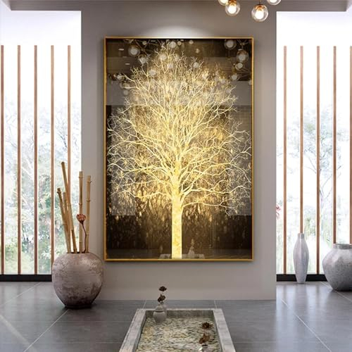 Geldbaum-Kunst-Leinwandgemälde, goldenes Wandbild für Wohnzimmer, Fotodruck, Wandkunst, Poster, Heimdekoration, 90 x 125 cm, mit goldenem Rahmen