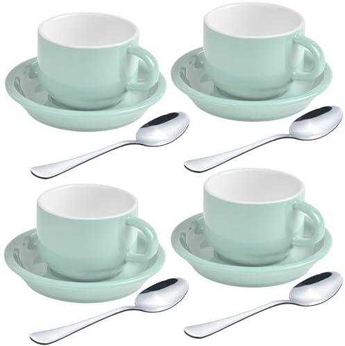 homEdge Premium Espresso Shot Cups and Saucers Set with Espresso Stainless Steel Spoons - 2.5 oz, Set of 4, Mint Green