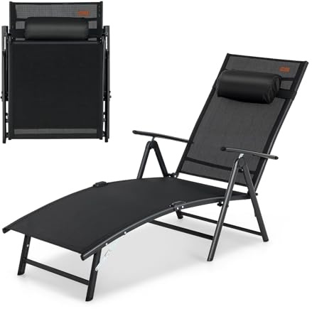 GOPLUS Sonnenliege, Liegestuhl klappbar, Gartenliege wetterfest, Rücklehne in 7 Position verstellbar, Relaxliege Garten mit Kopfstütze, bis 150kg belastbar, Strandliege Garten Balkon Hof (Schwarz)