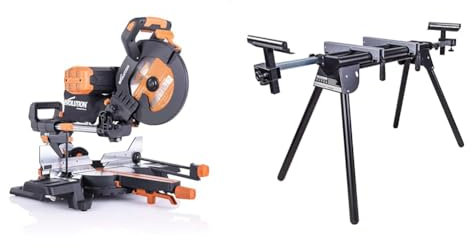 Evolution Power Tools R255SMS-DB+ Scie à onglets coulissante multi-matériaux à double biseau, 255 mm & Power Tools - Support pour Scie à Onglet avec Extensions