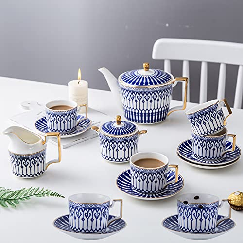 LFNXOVXF Set da tè in Porcellana Tazzine da caffè Blu con piattino Set da caffè in Ceramica con teiera, zuccheriera, cucchiaini da caffè, 11 Pezzi