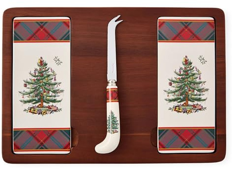 Spode Käsebrett und Messer-Set mit Weihnachtsbaum, Tartan-Karo, Urlaubs-Unterhaltung, Charcuterie, Käse- und Knallbonbons und saisonales Serviergeschirr – Weihnachtstisch und Käsepräsentation