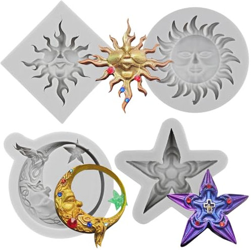 MYRACS Moldes para fondant en forma de un dios del sol griego de luna y estrella, moldes de silicona para decorar tartas, cupcakes, dulces, pasta de flores y arcilla polimérica, juego de 4