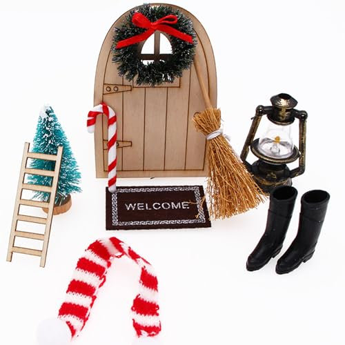 10 PCS Wichteltür Set Zubehör Weihnachten mit Baustelle, Miniatur Wichtel Zubehör, Weihnachtswichtel Set für Kinder Wichtel Deko Holz Miniatur mit Licht, Stiefel, Zaun, Kranz, Leiter