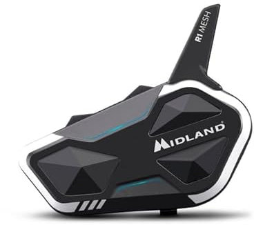 Midland - Interfono Moto Bluetooth + Mesh R1 Mesh Singolo, Auricolari Casco Moto Waterproof IPX6, Portata 500m, 23H, Audio RCF, Stereo Background, Compatibile TFT e Radio FM, 6 Persone Conference
