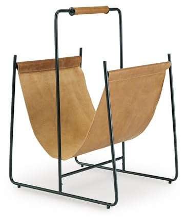 Signature Design by Ashley Faronworth Casual Leather Magazine Rack with Handle, Light Brown & Black