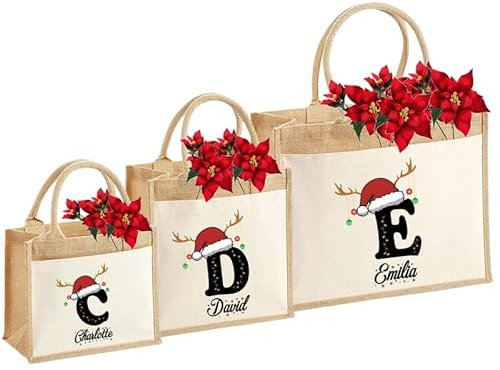 Personalisierte Weihnachtstasche Tasche Nachhaltige Jute-Tasche Geschenk-Tasche Jute-Beutel Einkaufstasche aus 100% Jute und Baumwolle