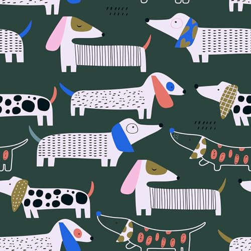 CRE8TIVE Carta da parati autoadesiva verde foresta con cani carini, carta da parati con bassotto, carta da parati per camera da letto in vinile per cameretta dei bambini, carta da parati impermeabile