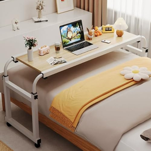 Höhenverstellbarer Betttisch auf Rollen, Computer-Arbeitsplatz mit verstellbarem Ständer für Bett oder Sofa, Snacktisch mit großem Schreibtisch, 140 x 45 cm