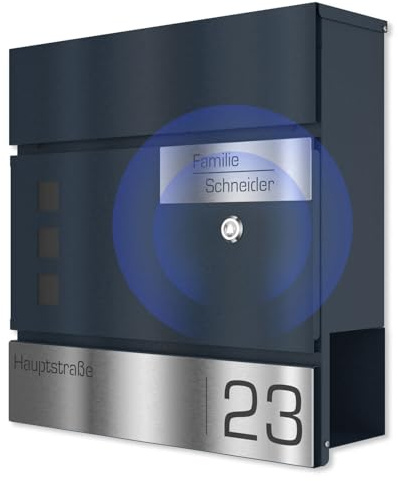 Graviers Design Briefkasten mit integrierter Funkklingel in Anthrazit RAL 7016 - Sichtfenster Postkasten personalisiert Edelstahl Gravur - Wandbriefkasten Briefbox mit Schloss Zeitungsfach