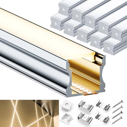 ClarivantiLED 10 Kits Profile Alu para cinta LED U, perfiles de aluminio 2 m (20 m), perfiles LED empotrables, dimensiones 15,6 x 14,4 mm, con difusor LED, ideal para techo y partición