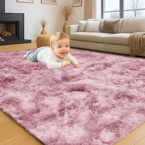 INSPIRE HOMEWARE Rugs Living Room 120 x 170 cm Soft Fluffy Tie Dye Pink Lilac Area Rugs for Bedroom Non Shedding Modern High Pile Carpet for Lounge Nursery Rug for Kids Room