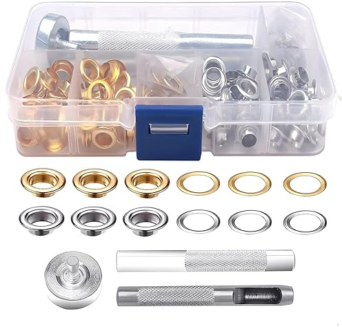 100 Sets Eyelet Punch Kit,Grommet Kit, 1/4 Inch Metal Eyelets for Fabric, Leather Crafting Includes 3 Professional Punch Tools for Easy Setting,Durable Brass Eyelets in Gold Silver Fini