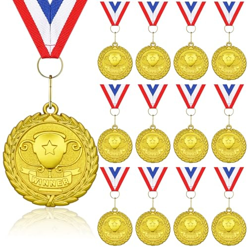 Donrime Gold WINNER Medals, 12-Pack Metal Medal Sports Day Medals with Ribbon Necklace for Sports Day Prizes, Gymnastics Competitions, Party Gifts, Kids Adults