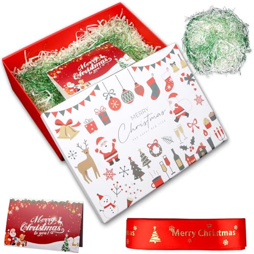 XWCHASA Große Weihnachtsgeschenkbox mit Deckel 29 x 21 x 10.5cm, Geschenkkarton Weihnachten mit Schleifen, Grußkarten,Raffia Hamper Shreds, Geschenkbox für Weihnachten Party Geschenke(Weißer Deckel)