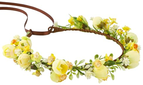 Blumenkranz Haare Elfenohren Elfen Feen Kostüm Damen Handschmade Gelbe Stil Blumenkranz Blumiges Kopfstück Kopfband Hochzeitshaarwreath für Braut Faschingskostüme Girland Geburtstagsparty Karneval