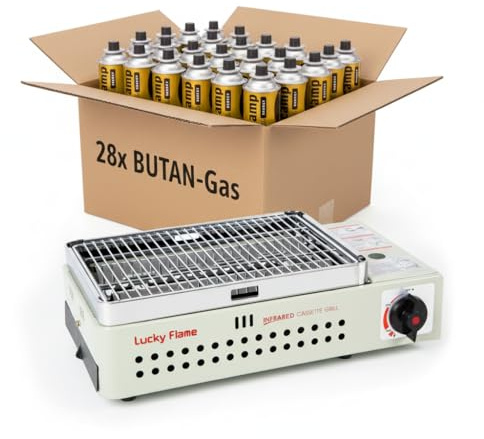Lucky Flame LF-90 GD Gasgrill BBQ mit Butan MSF-1A Kartuschen (Auswahl Kartuschenanzahl) (Grill + 28 Kartuschen)