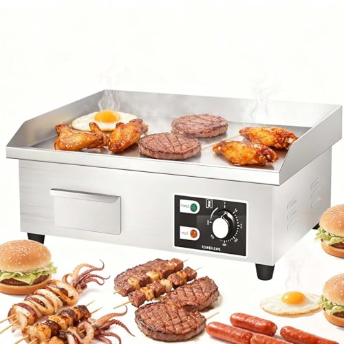 CUTANGELAR Plancha Plana Eléctrica, Construcción Commercial Acero Inoxidable, Control Temperatura Ajustable 122-572°F, Gran Superficie Antiadherente, Perfecta Para Pancakes Y Barbacoa.(1700W)