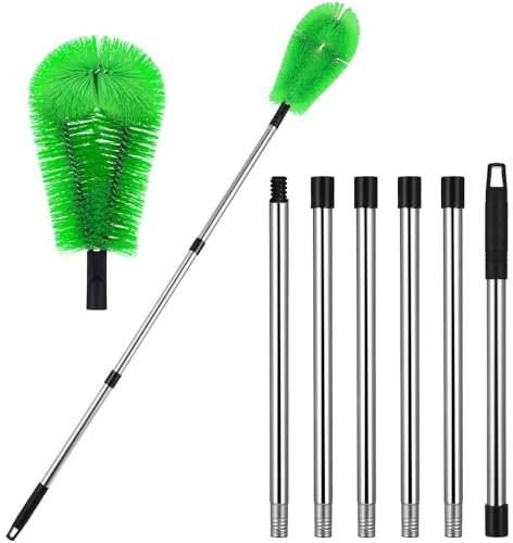 VILLCASE Brosse de Nettoyage de Gouttières Manche Télescopique Réglable Tête Flexible pour Gouttières et Toitures Kit 2 Brosses Vertes 6 Perches Outil Polyvalent pour Entretien Maison