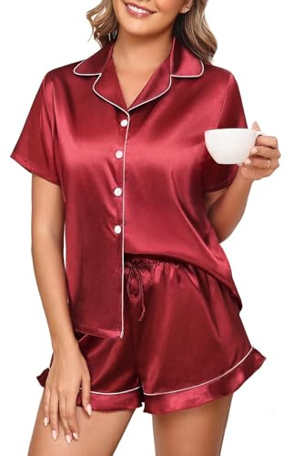 Niwicee Conjunto de Pijama Seda Mujer 2 Piezas Manga Corto con Botones Ropa de Dormir Satén Ropa Pijama Corto Mujer Verano Pijama Mujer Loungewear