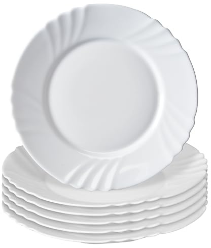 KADAX Teller ∅ 25,5 cm, 6er Set, flacher Coupteller aus gehärtetem Glas, minimalistischer Essteller, Kuchenteller, runder Frühstücksteller, Salatteller, Spülmaschinenfest (Weiß)