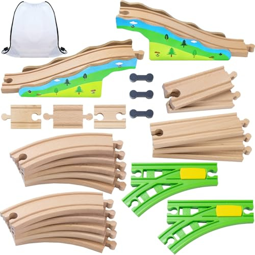 Mirthben Juego de rieles de madera, compatibilidad con todos los accesorios de tren de madera y rieles de madera, juego de ampliación para maquetas, juego creativo para niños a partir de 3 años