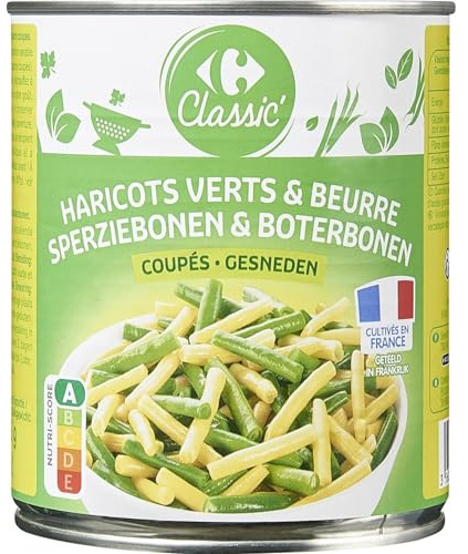CARREFOUR CLASSIC' - Haricots Verts et Haricots Beurre Coupés - Légumes en Conserve - la boite de 455g net égoutté - 800g - Le Lot De 4