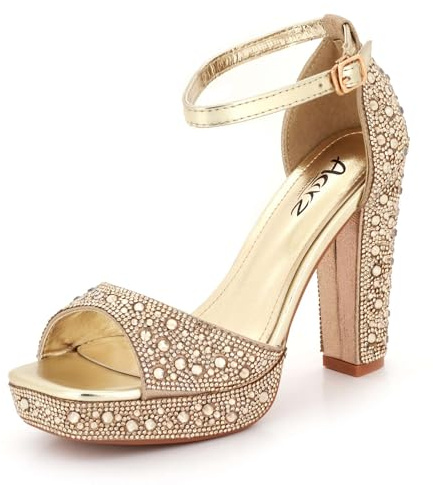 Womens Rhinestone Diamante High Block Heel Sandals Sparkly Platform Peep Toe Evening Wedding Party Prom Ankle Strap Ladies Shoes Size