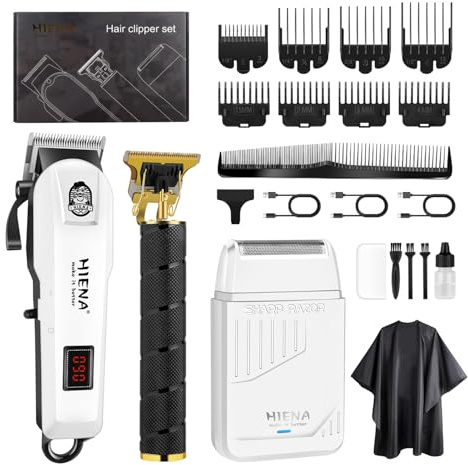HIENA PRO Professional Hair Clipper Set for Men, Rechargeable Hair Cutting Kit, Electric Foil Shavers and Beard Trimmers, Barber Clippers with LED Display, R-Type Adjustable Blade, USB Charging