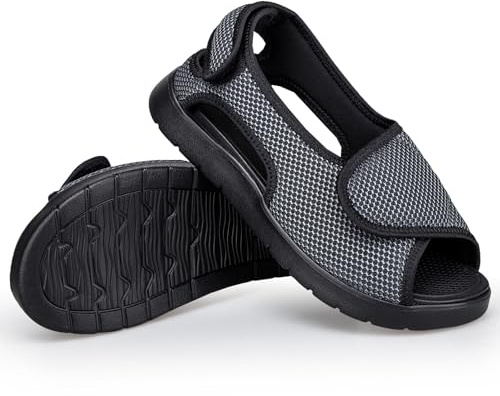 Gaatpot Chaussons Diabétiques Femmes Sandale Scratch Hommes Sandales de Rééducation Largeur Réglables Chaussures Orthopédique Eté gris EU43