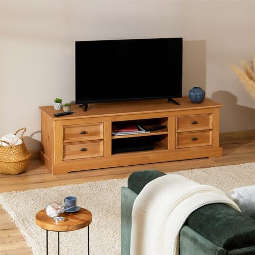 IDIMEX Meuble TV Kent Banc télévision en pin Massif Finition cirée 144 x 46 x 45 cm, avec 4 tiroirs et 2 niches