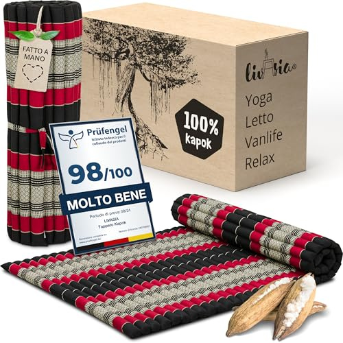 livasia colchón/esterilla enrollable L amplio y cómodo - 200x110x4,5cm - Cama invitados bordada 1 persona, Cama de viaje, Esterilla tailandesa de kapok para jardín/balcón artesana (Negro/Rojo)