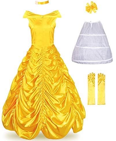 JerrisApparel Disfraz Princesa Belle Adultos Vestido Carnaval Navidad con Enagua (S, Amarillo)