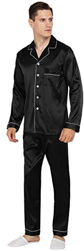 YIMANIE Mens Silk Satin Pajamas Set Classic Sleepwear Loungewear, Black, M