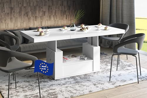 designimpex HM-111 Couchtisch Weiß Hochglanz ausziehbar höhenverstellbar 120/170cm Schublade modern vielseitig Wohnzimmertisch Esstisch Beistelltisch Sofatisch platzsparend hochwertig Wohnzimmer