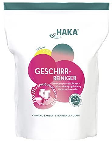 HAKA Spülmaschinen Pulver, 2 kg, Geschirrreiniger stark gegen Fett & hartnäckige Speisereste, phosphatfrei & umweltschonend, schützt vor Kalk & Glaskorrosion, vegan, zitronig