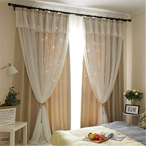 EXQULEG Doppelschicht Blackout Vorhänge Gardinen Mädchen Vorhang Aushöhlen Sterne Gemustert Prinzessin Stil Vorhang für Wohnzimmer Schlafzimmer Kinderzimmer (Beige,240 × 132cm (H × B))