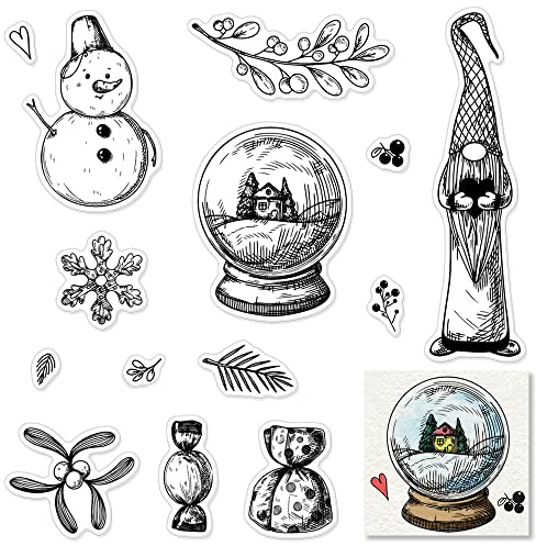 Christmas Crystal Ball Clear Stamps for Card Making and Photo Album Decorations, Christmas Dwarf Rubber Stamps Leaf Snowman Silicone Stamp Seal for Christmas DIY Scrapbooking Supplies